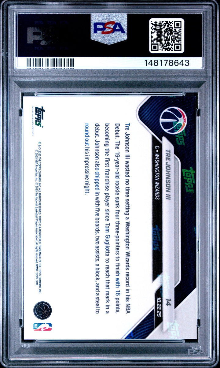 Graded 2025 Topps Now Tre Johnson III #14 Rookie RC Basketball Card PSA 10