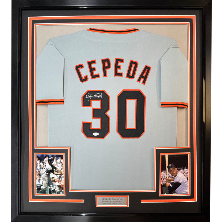 FRAMED Autographed/Signed ORLANDO CEPEDA 33x42 San Francisco Grey Jersey JSA COA