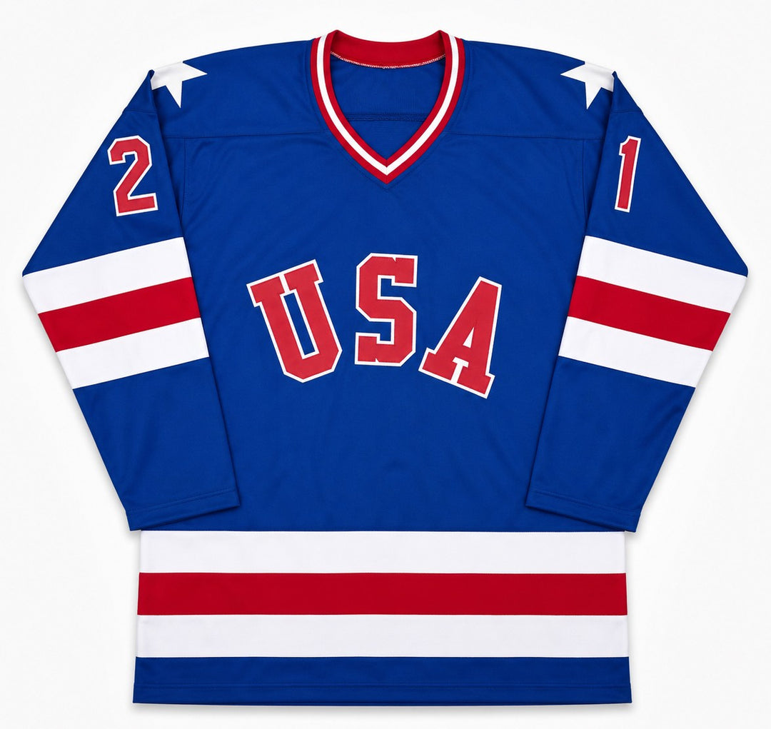 1980 Team USA Mike Eruzione Signed Blue Jersey JSA Witness