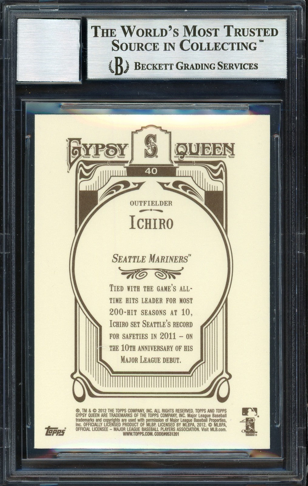 Ichiro Suzuki Signed 2012 Topps Gypsy Queen Card 40 Mariners Auto 10 Beckett