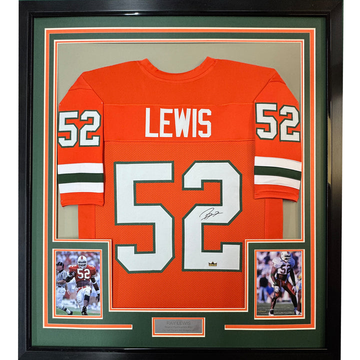 Framed Facsimile Autographed Ray Lewis 33x42 Orange Reprint Laser Auto Jersey