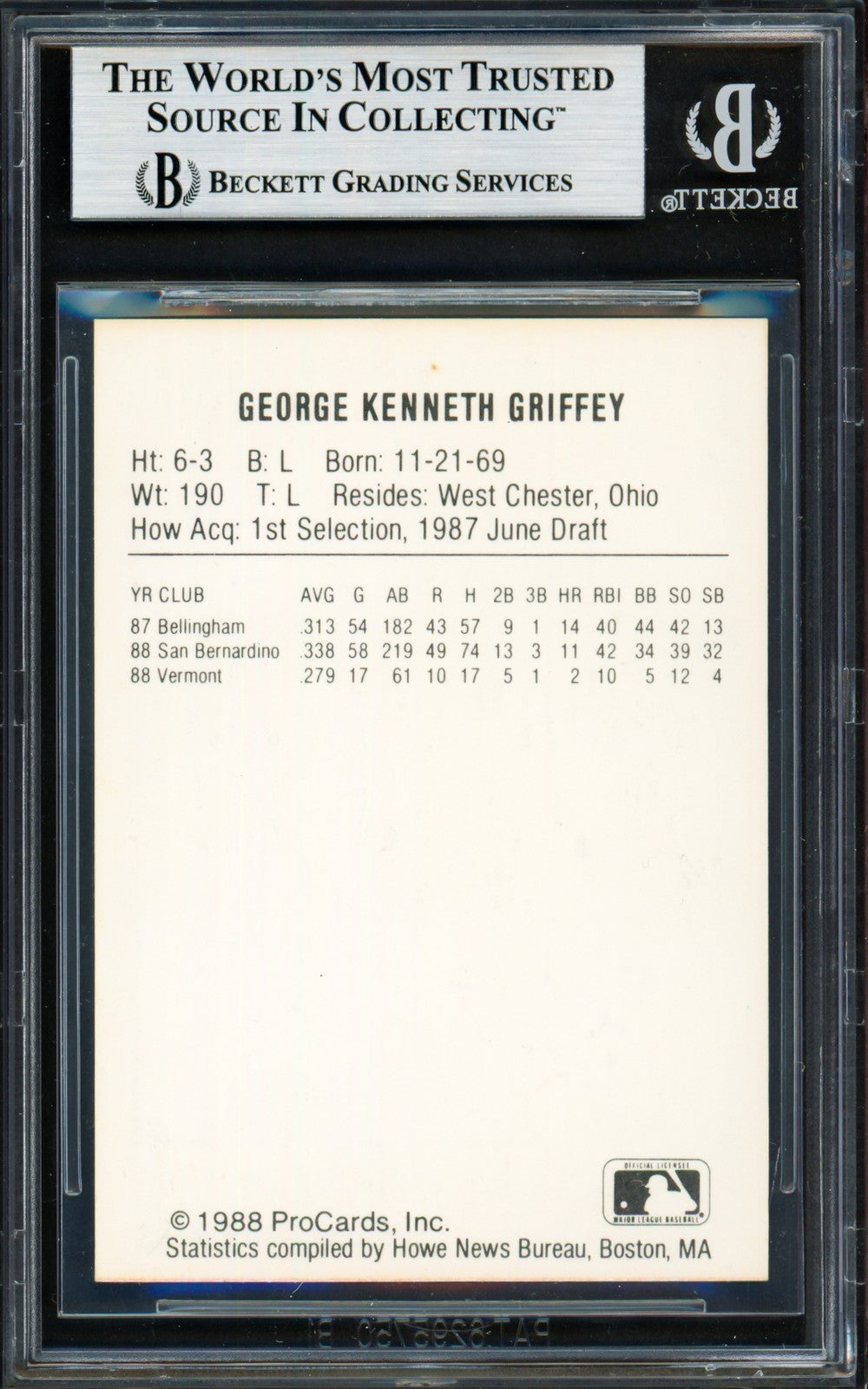 Ken Griffey Jr. Signed 1988 ProCards Vermont Reprint RC Vermont Mariners Beckett