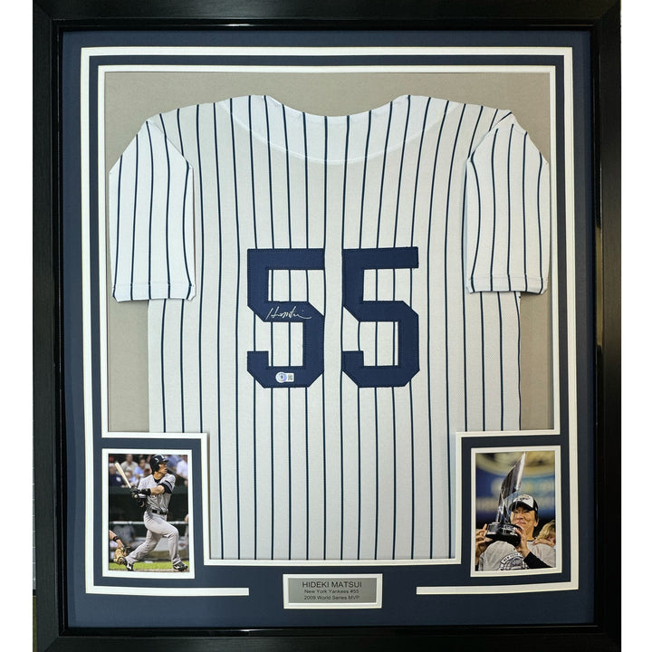 Framed Autographed/Signed Hideki Matsui 33x42 Pinstripe Baseball Jersey BAS COA