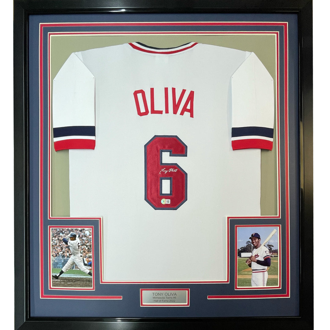 Framed Autographed/Signed Tony Oliva 33x42 Minnesota White Jersey BAS COA