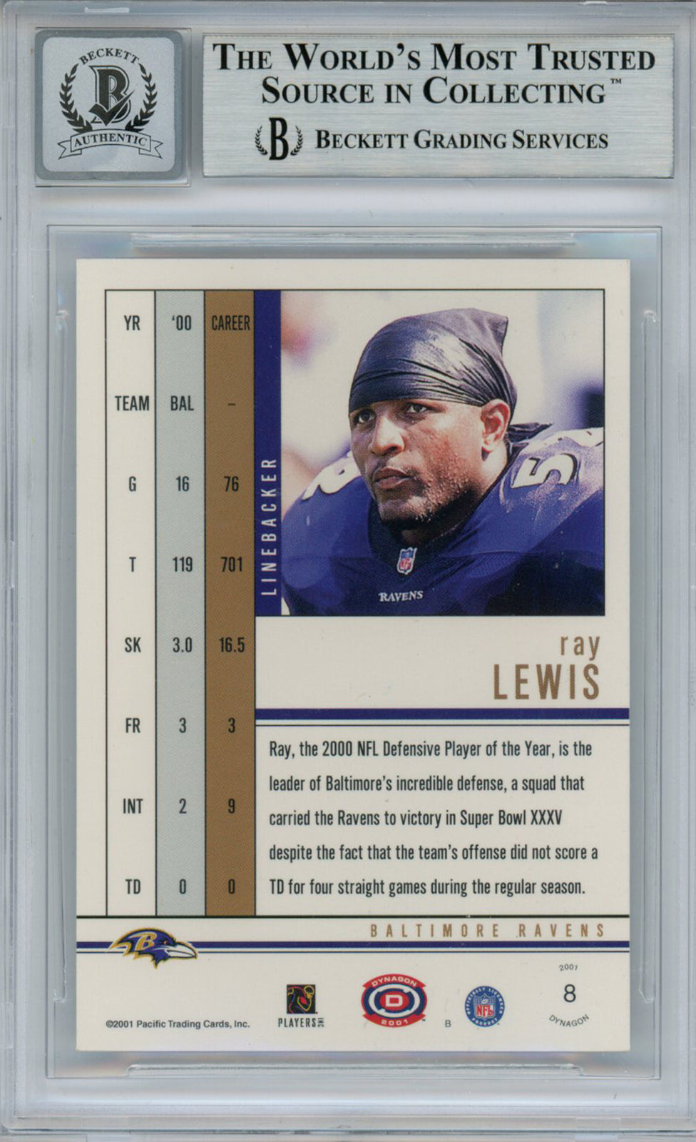 Ray Lewis Signed 2001 Pacific Dynagon #8 Trading Card Beckett 10 Slab 35254