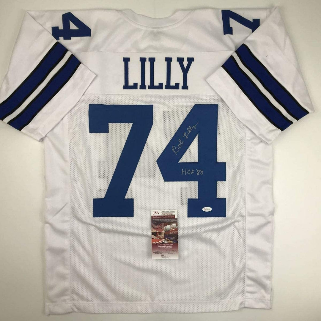 Autographed/Signed Bob Lilly HOF 80 Dallas White Football Jersey JSA COA