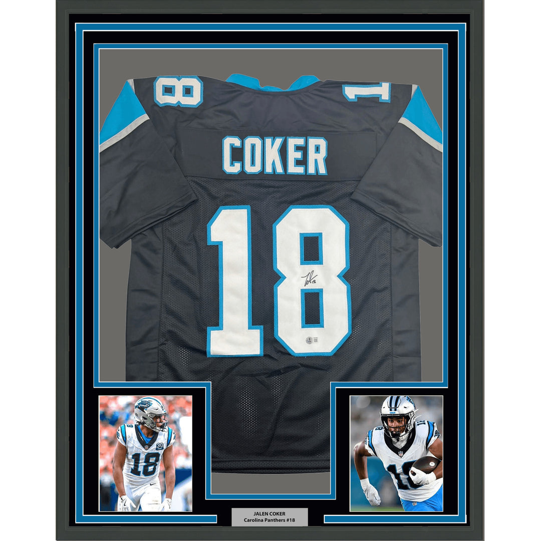 Framed Autographed/Signed Jalen Coker 35x39 Carolina Black Jersey BAS COA