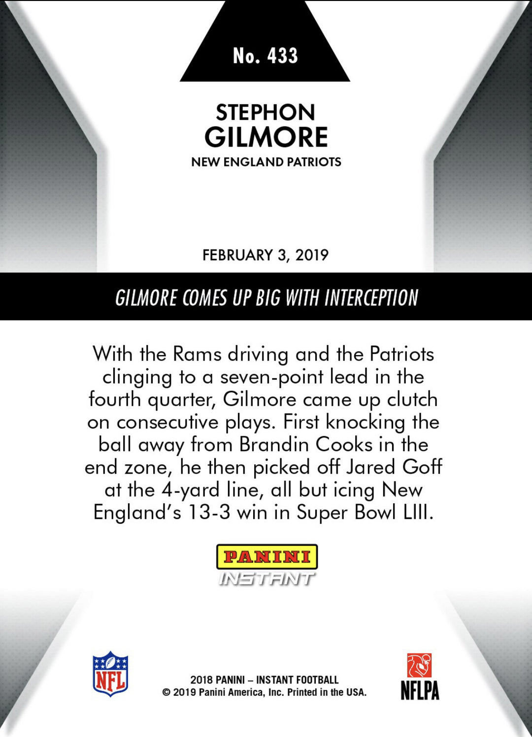 2018-19 STEPHON GILMORE COMES UP BIG WITH INTERCEPTION PANINI INSTANT CARD #433
