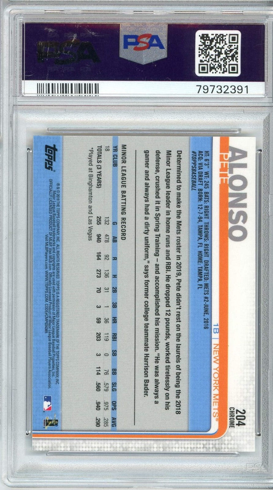 Graded 2019 Topps Chrome Pete Alonso #204 Rookie RC Baseball Card PSA 10 Gem