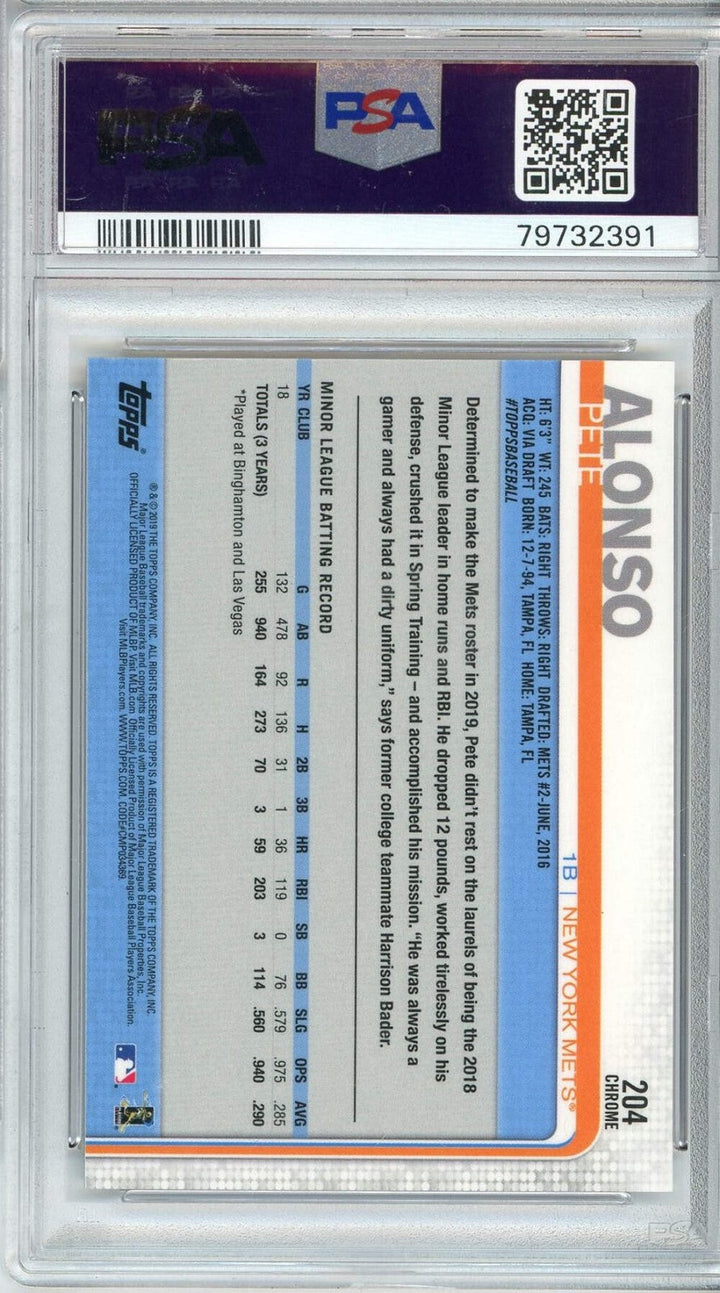Graded 2019 Topps Chrome Pete Alonso #204 Rookie RC Baseball Card PSA 10 Gem