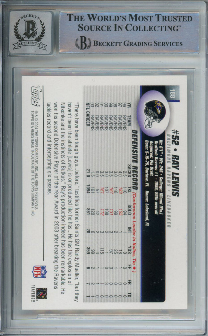 Ray Lewis Autographed 2004 Topps #188 Trading Card Beckett 10 Slab 39255