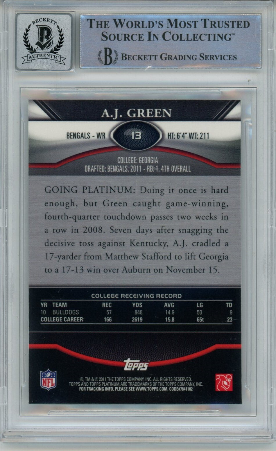 AJ Green Signed Bengals 2011 Topps Platinum #13 Beckett Auto 10 40683