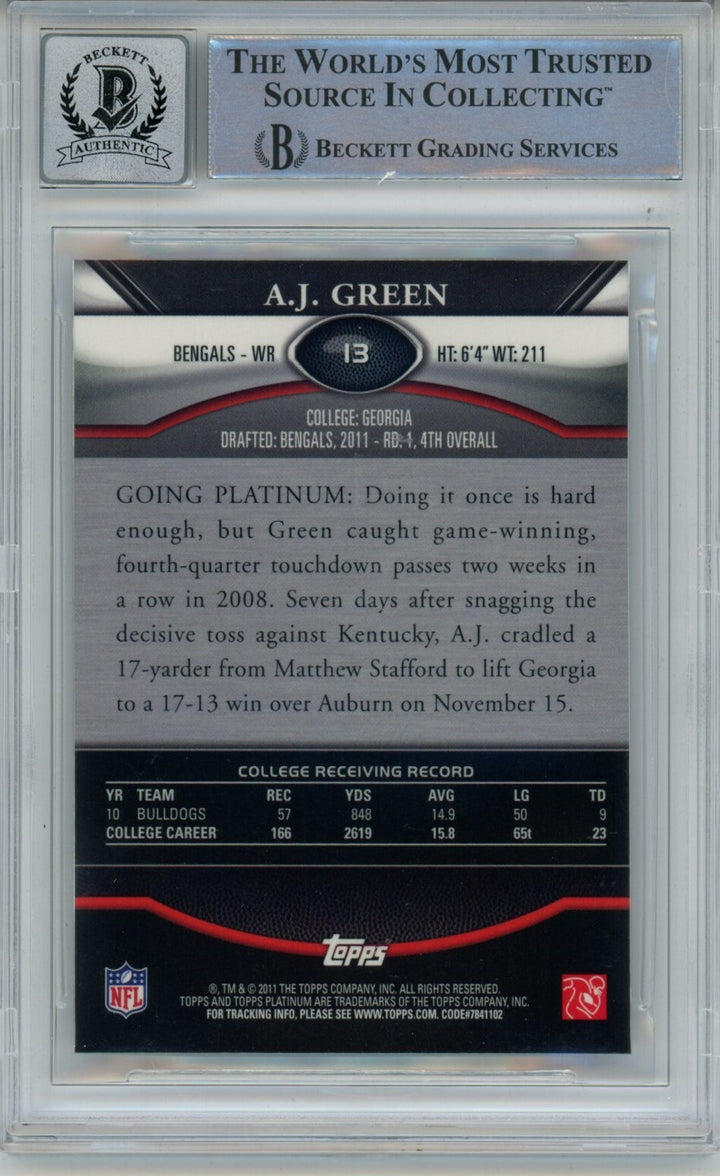AJ Green Signed Bengals 2011 Topps Platinum #13 Beckett Auto 10 40683