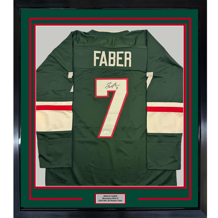 Framed Autographed/Signed Brock Faber 35x39 Minnesota Green Jersey JSA COA