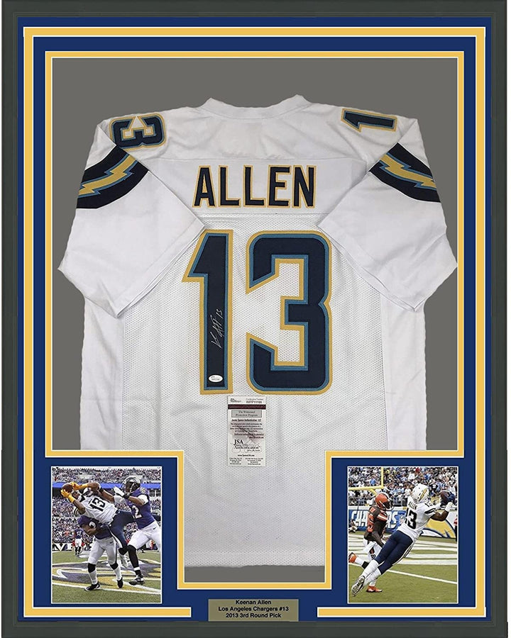 Framed Autographed/Signed Keenan Allen 33x42 Los Angeles LA White Jersey JSA COA
