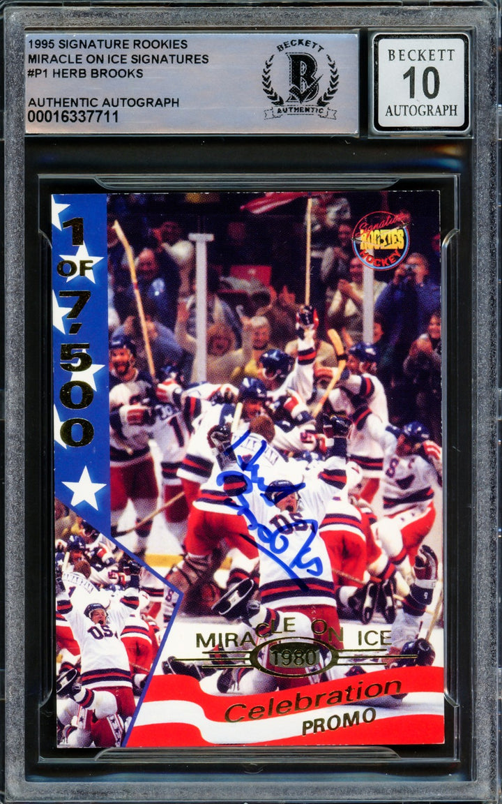 Herb Brooks Signed 1995 Signature Rookies Card #P1 1980 Team USA Auto 10 Beckett