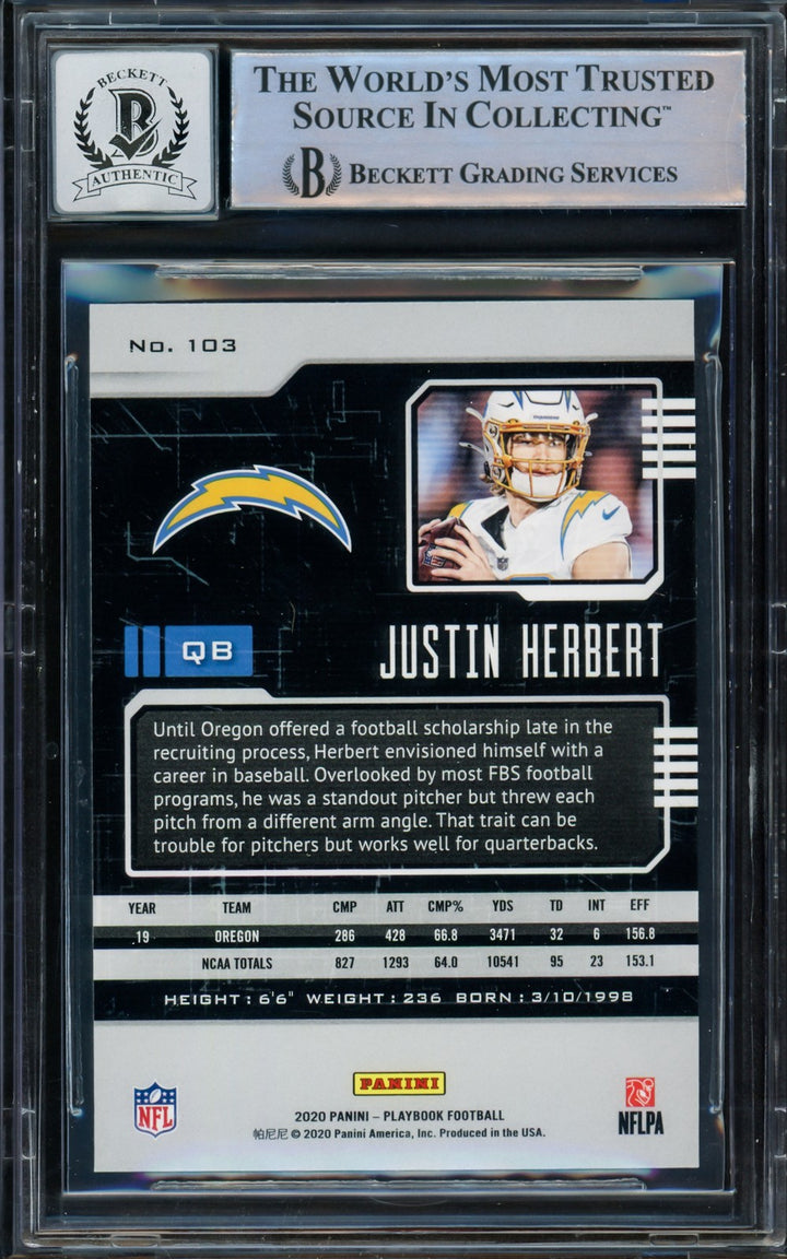 Justin Herbert Signed 2020 Panini Playbook RC 103 Chargers Auto 10 Beckett