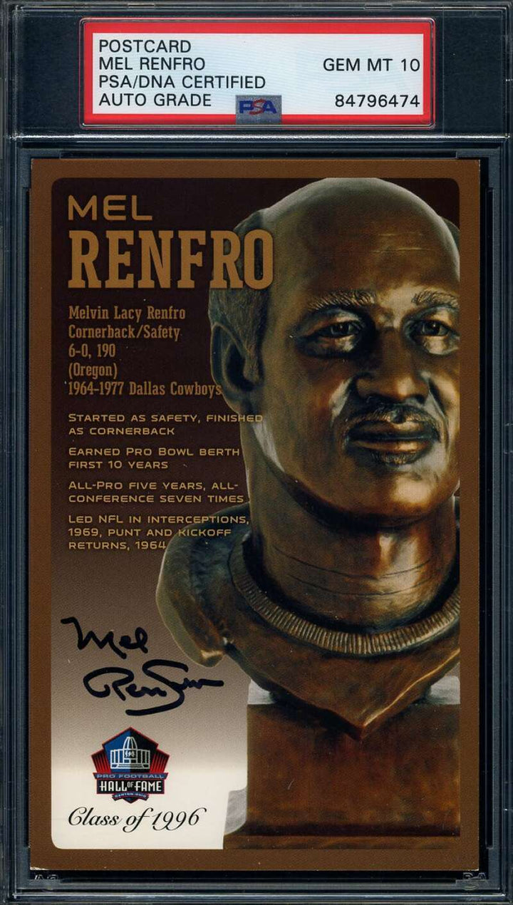 Mel Renfro Gem Mint 10 PSA DNA Signed HOF Bronze Bust Postcard Autograph