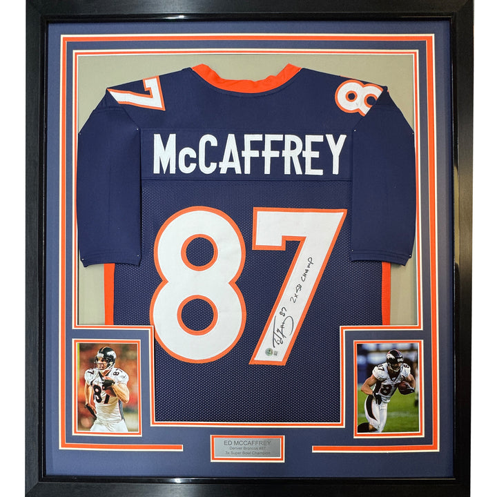 Framed Autographed/Signed Ed McCaffrey 35x39 2x SB Champs Blue Jersey BAS COA