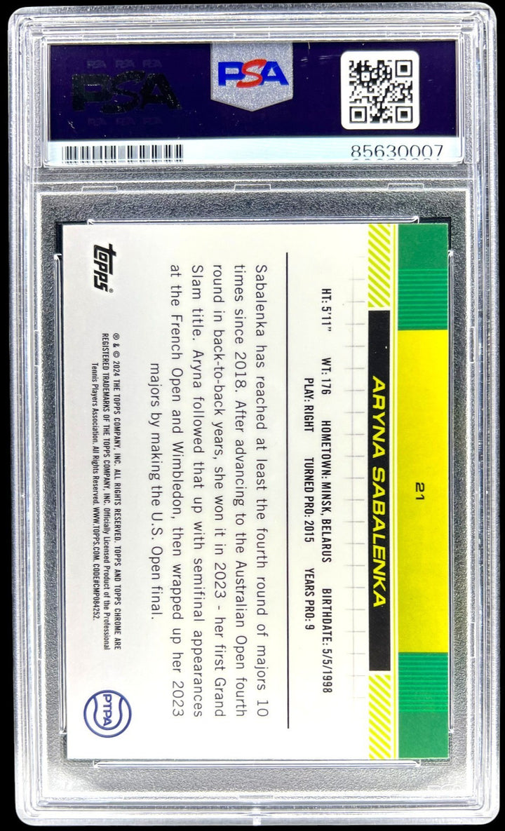 ARYNA SABALENKA SIGNED 2024 TOPPS CHROME 21 PURPLE GREEN REFRACTOR /150 AUTO PSA