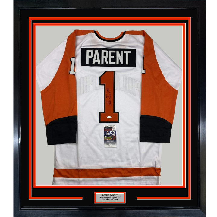 FRAMED Autographed/Signed BERNIE PARENT 33x42 Philadelphia White Jersey JSA COA