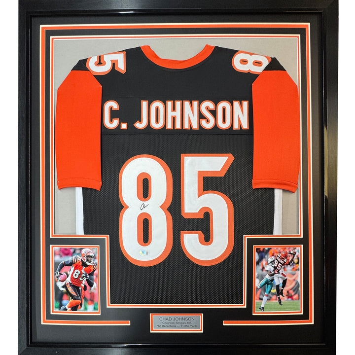 FRAMED Autographed/Signed CHAD JOHNSON 33x42 Cincinnati Black Jersey JSA COA