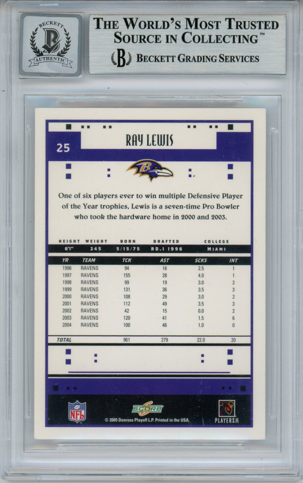 Ray Lewis Autographed 2005 Score #25 Trading Card Beckett 10 Slab 35229