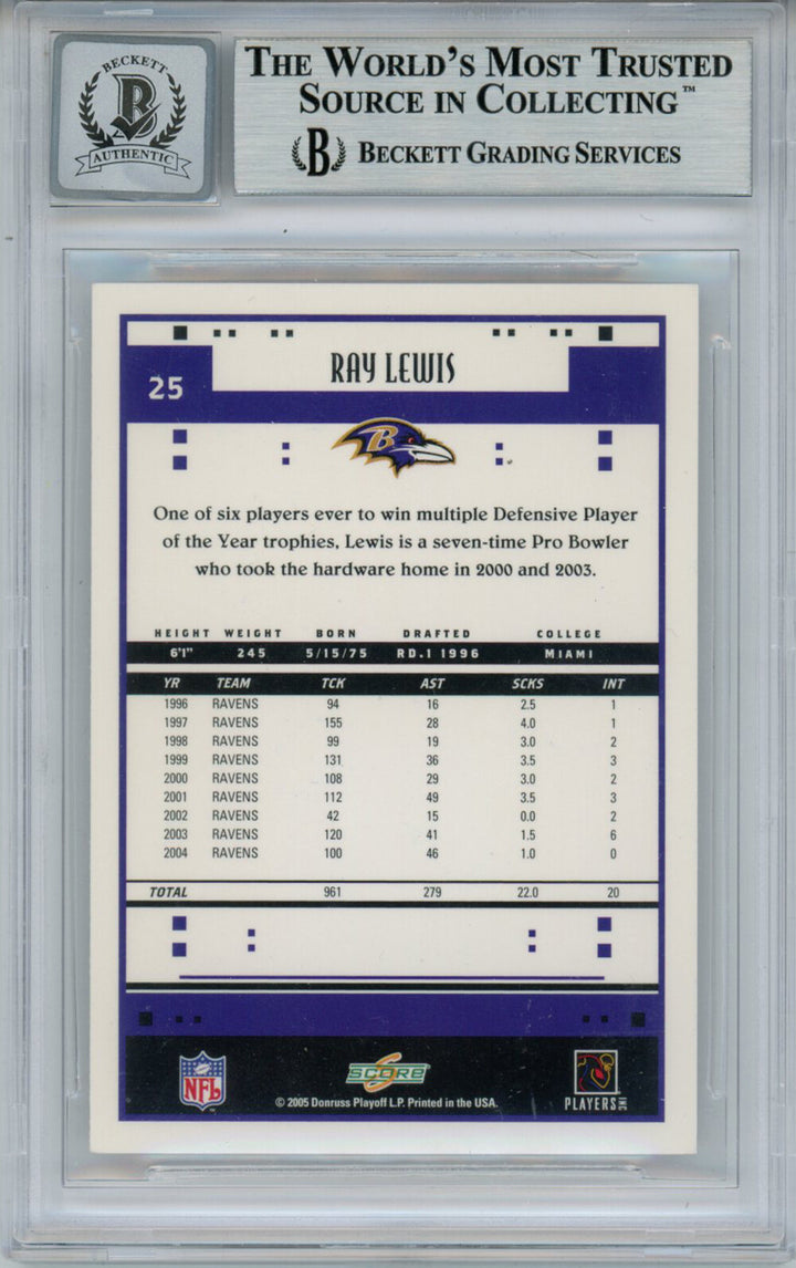 Ray Lewis Autographed 2005 Score #25 Trading Card Beckett 10 Slab 35229
