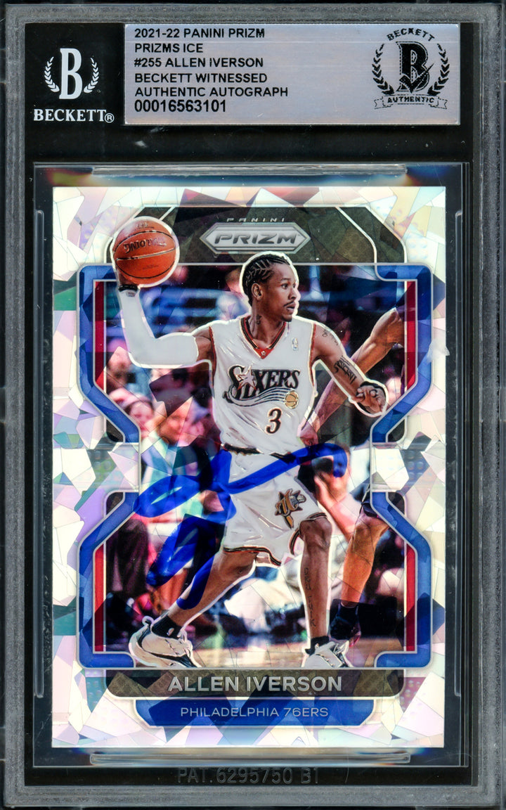 Allen Iverson Signed 2021-22 Panini Prizm Prizms Ice Card 255 76ers Beckett Wit