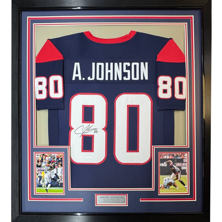 FRAMED Autographed/Signed ANDRE JOHNSON 33x42 Houston Blue Jersey JSA COA Auto