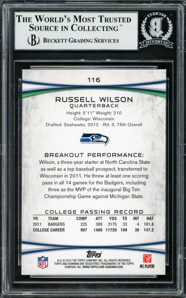 Russell Wilson Autographed Signed 2012 Bowman RC 116A Seattle Seahawks Beckett
