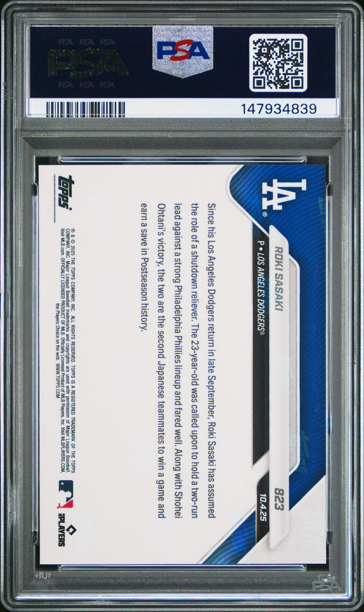 Graded 2025 Topps Now Roki Sasaki #823 Rookie RC Baseball Card PSA 10 Gem Mint