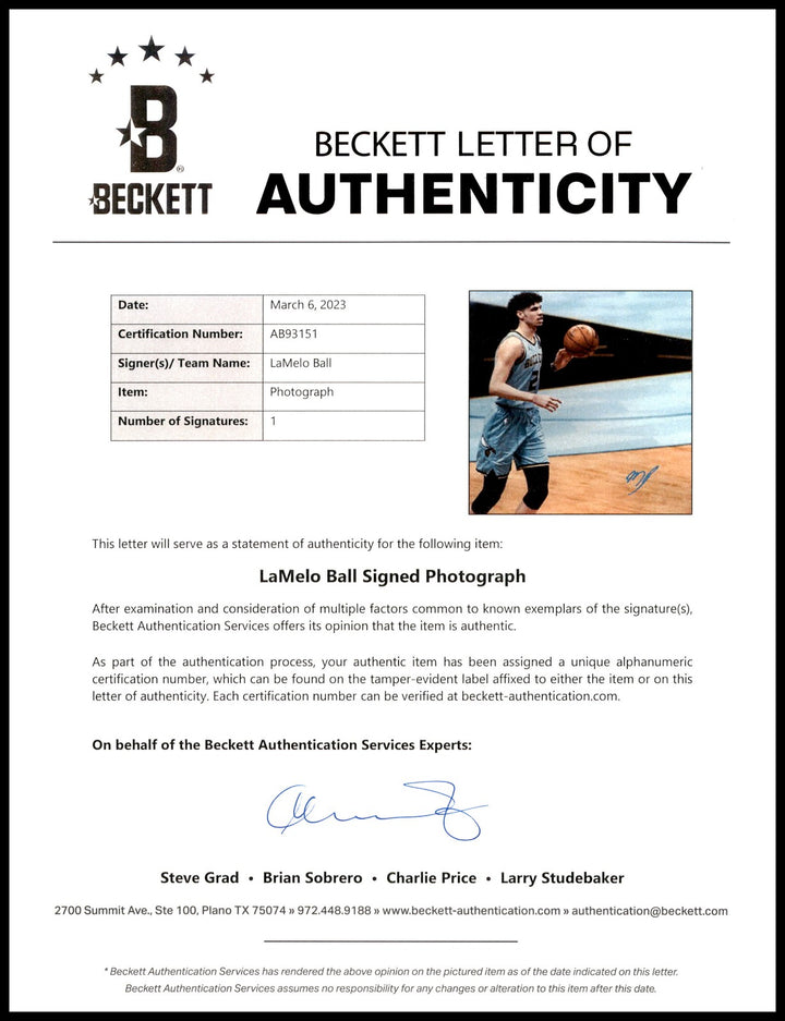 LaMelo Ball Autographed Signed 16x20 Photo Charlotte Hornets Beckett BAS