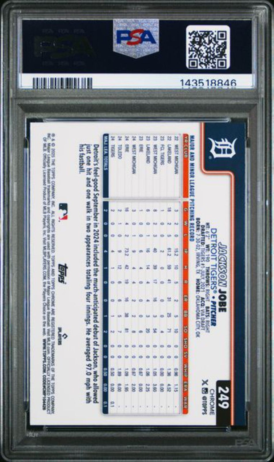 Graded 2025 Topps Chrome Jackson Jobe #249 Rookie RC Baseball Card PSA 10 Mint