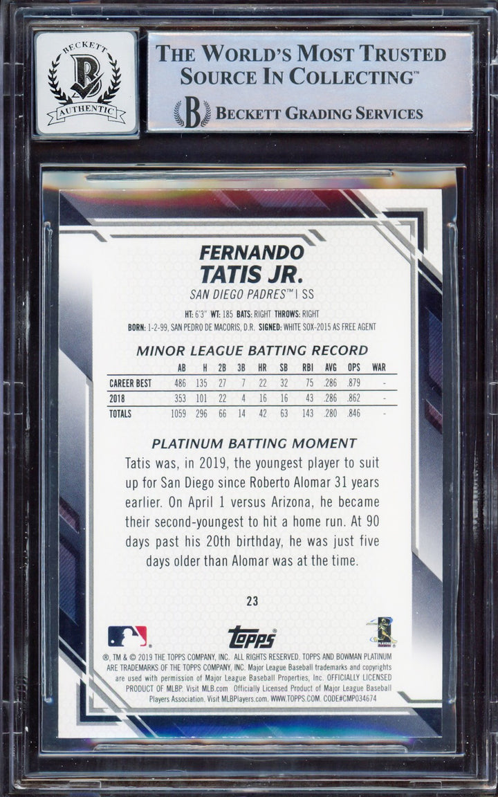 Fernando Tatis Jr Auto 2019 Bowman Platinum Variations RC 23 BGS 8.5 Sig 10 BAS