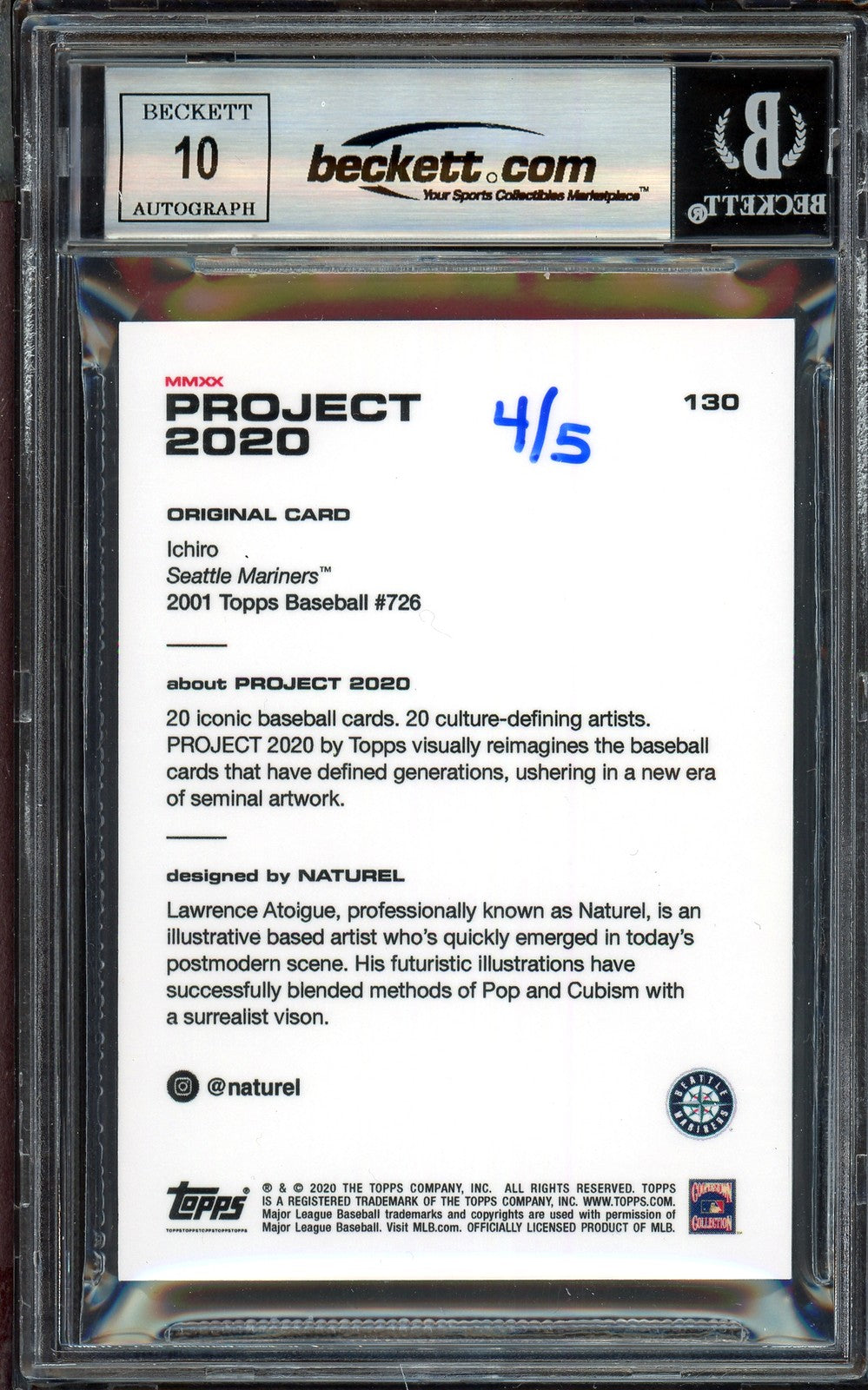 Ichiro Suzuki Auto Topps Project 2020 Naturel Card 130 Mariners Sig 10 /5 BAS