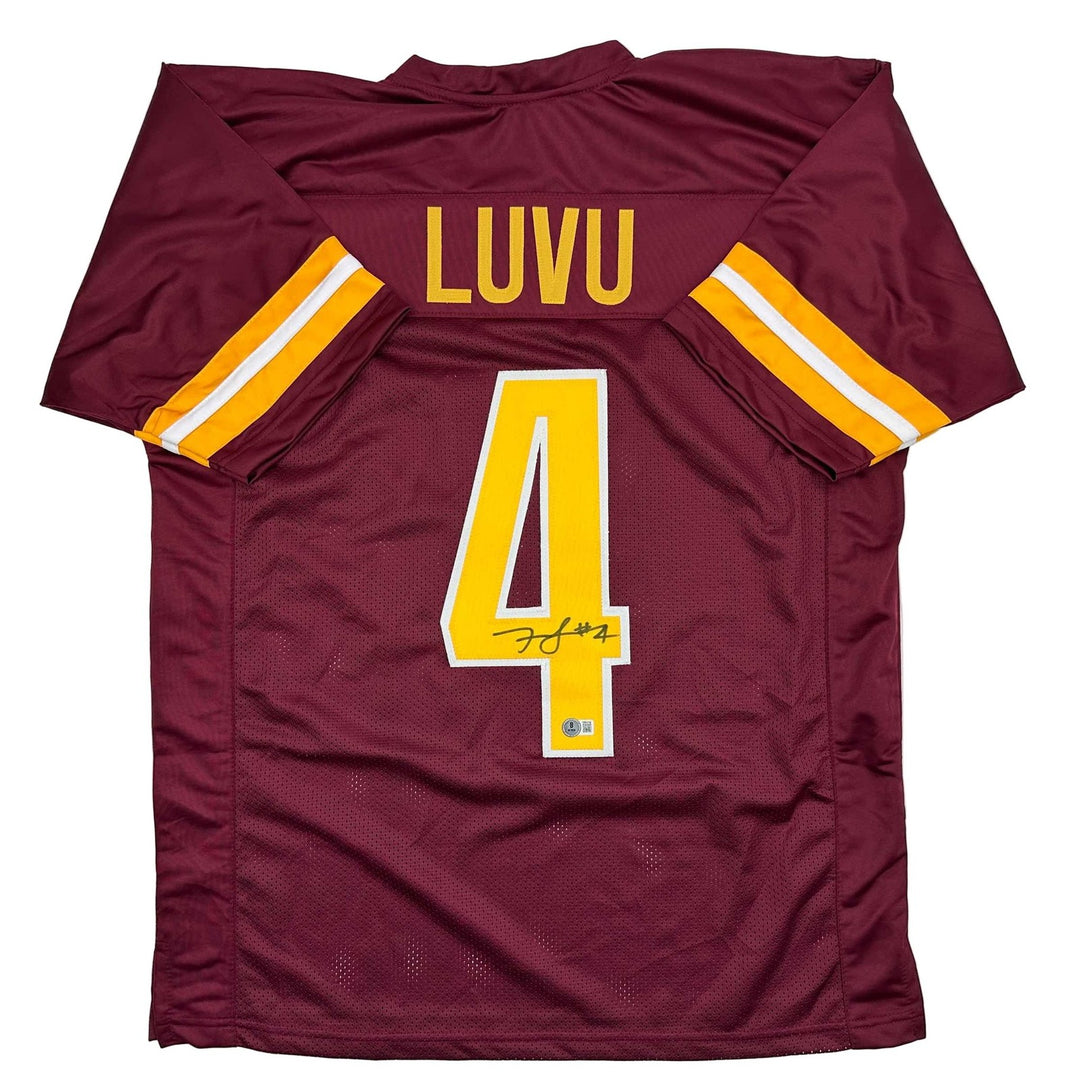 Autographed/Signed Frankie Luvu Washington Burgundy Jersey Beckett COA