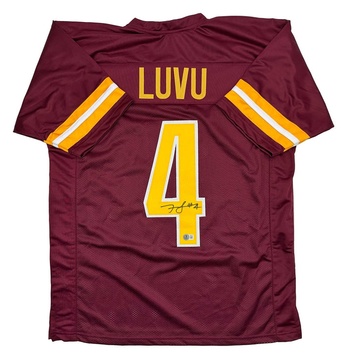 Autographed/Signed Frankie Luvu Washington Burgundy Jersey Beckett COA