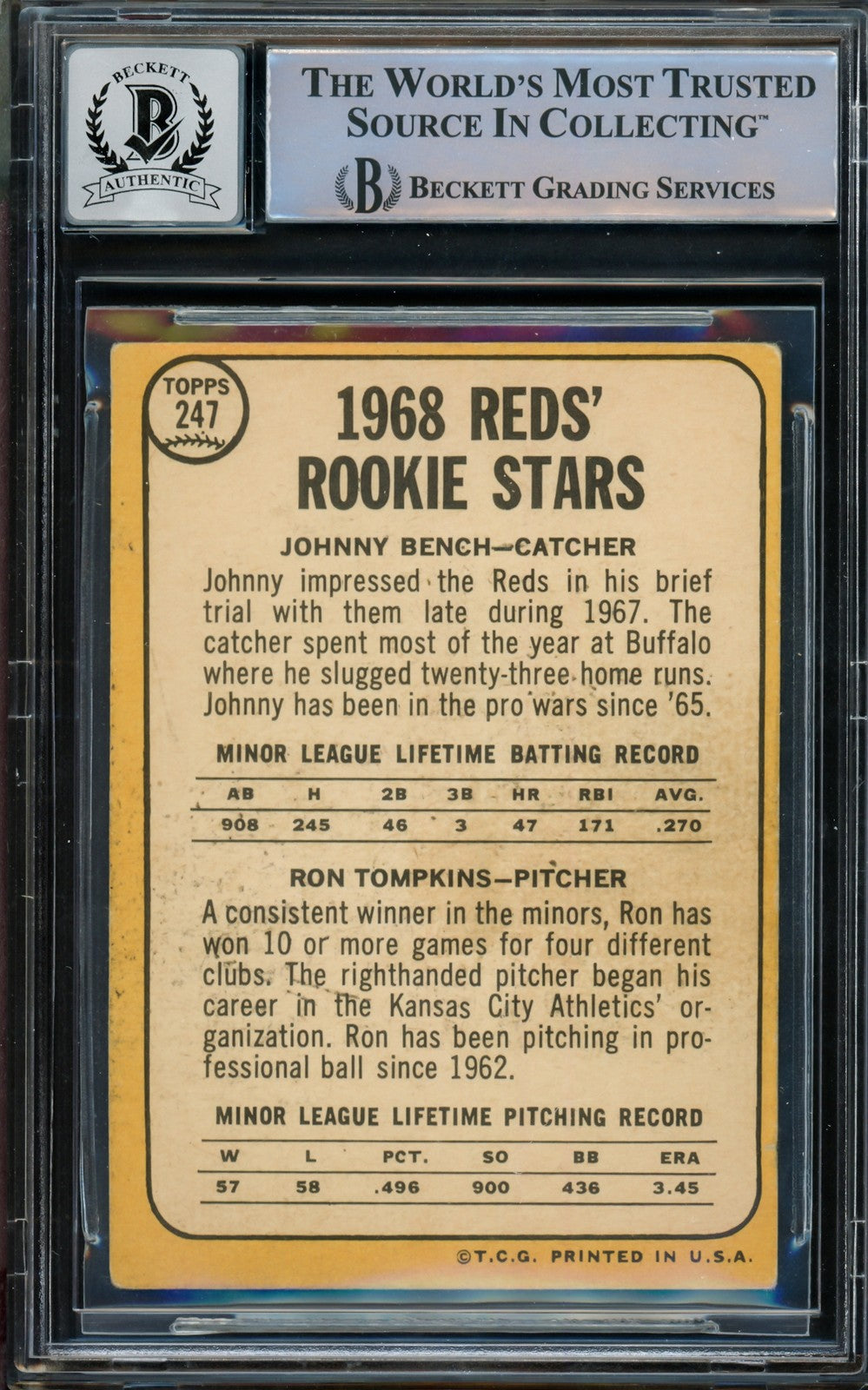 Johnny Bench Signed 1968 Topps RC 247 Reds Auto GM 10 Beckett #14867890
