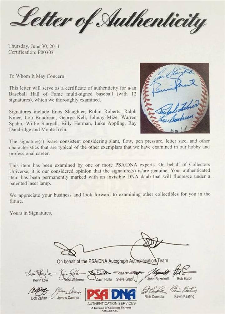 Hall of Famer HOF (12) signed Baseball PSA Slaughter Spahn Stargell Mize Kiner