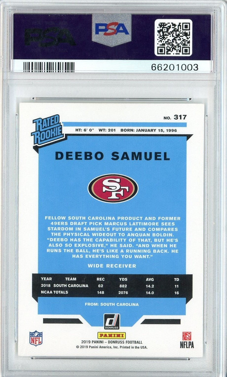 Graded 2019 Panini Donruss Deebo Samuel #317 Canvas Rookie Card PSA 10