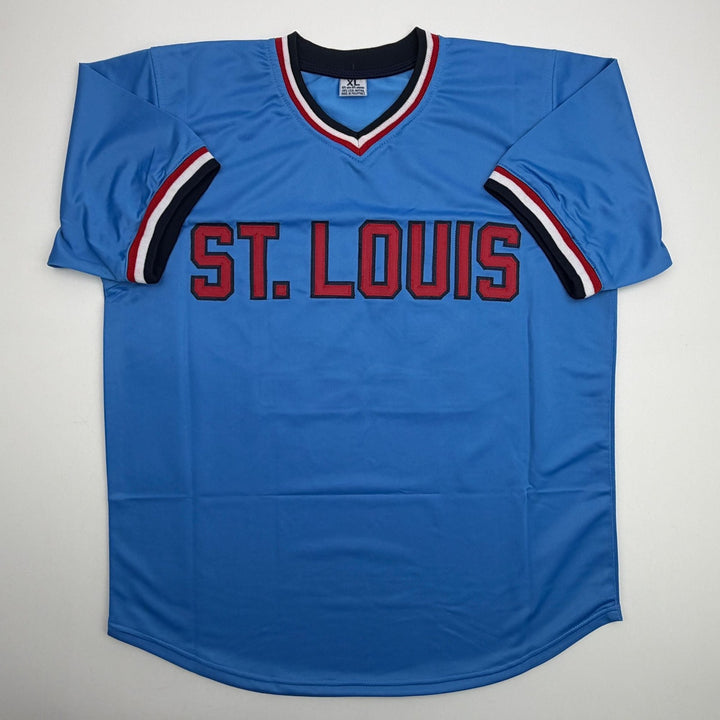 Autographed/Signed Jack Clark St. Louis Blue Baseball Jersey Beckett COA