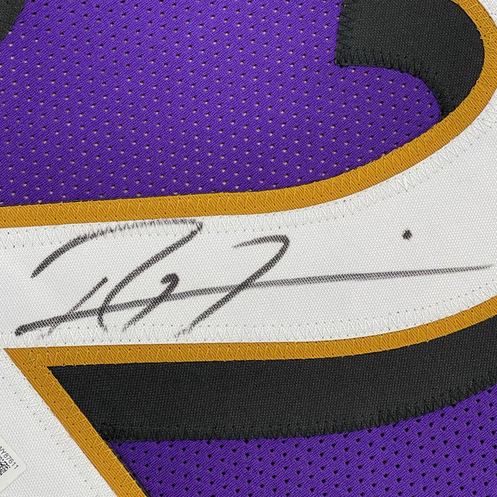 Framed Autographed/Signed Ray Lewis 35x39 Baltimore Purple Jersey PSA COA