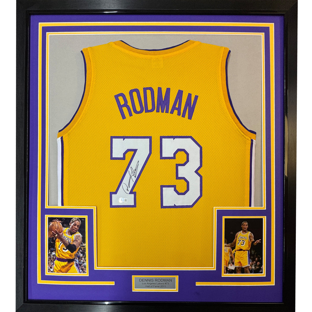 Framed Autographed/Signed Dennis Rodman 35x39 Los Angeles Yellow Jersey PSA COA