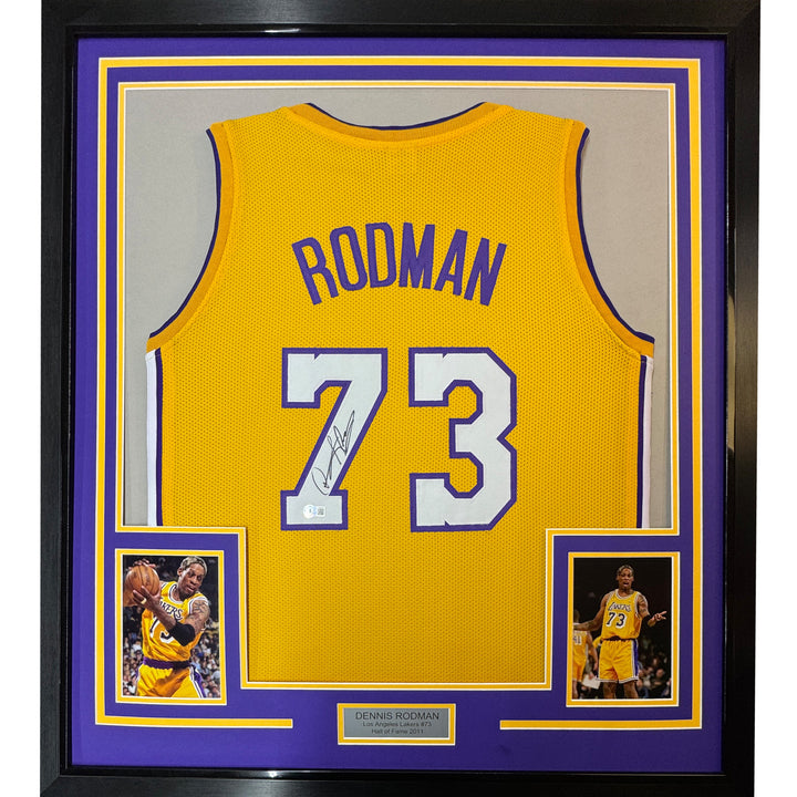 Framed Autographed/Signed Dennis Rodman 35x39 Los Angeles Yellow Jersey PSA COA