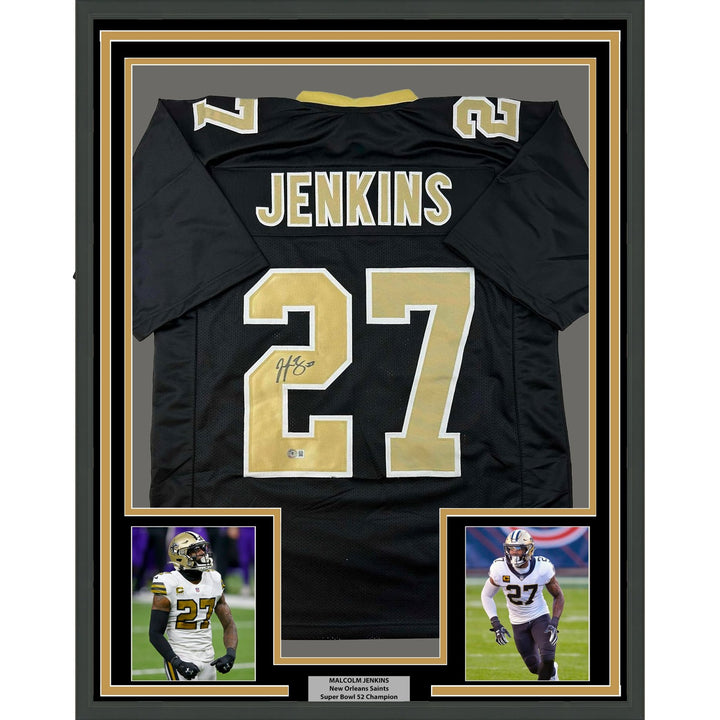 Framed Autographed/Signed Malcolm Jenkins 35x39 Black Jersey BAS COA