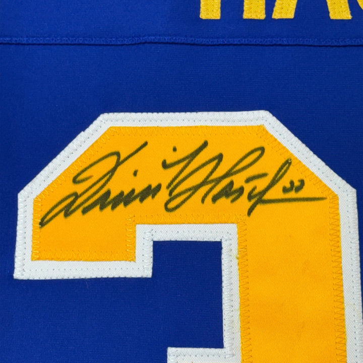 Framed Autographed/Signed Dominik Hasek 35x39 Buffalo Blue Jersey BAS COA