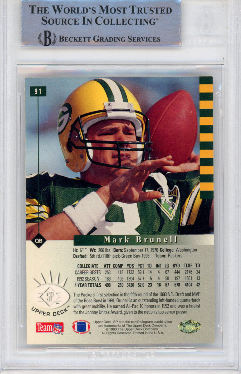 Mark Brunnell Signed 1993 UD SP #91 Rookie Trading Card Beckett Slabbed 39907