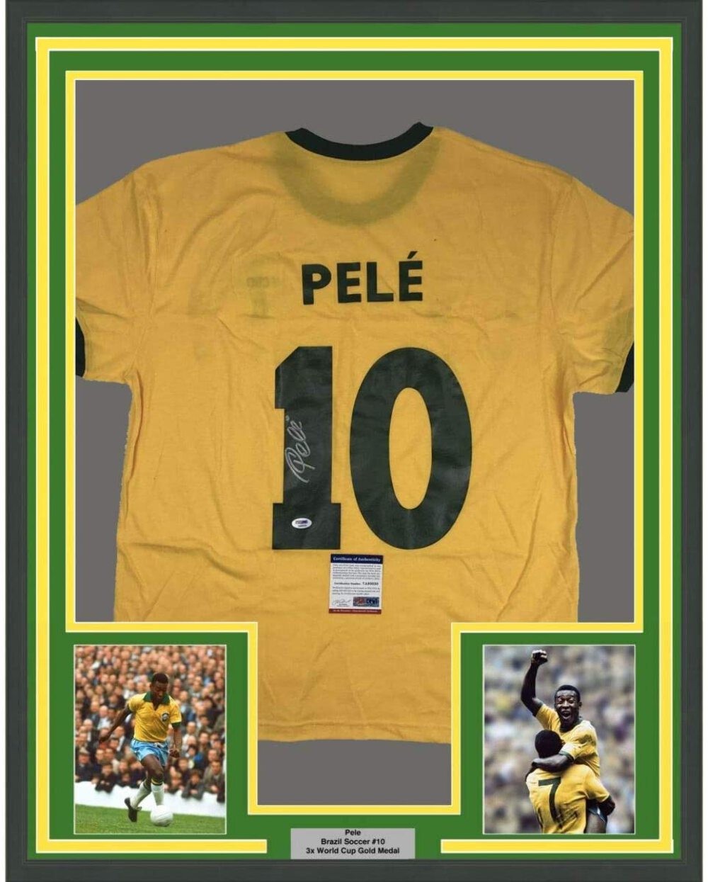 FRAMED Autographed/Signed PELE 33x42 Brazil Yellow Soccer Jersey PSA/DNA COA #2