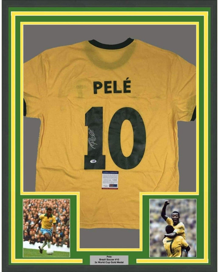 FRAMED Autographed/Signed PELE 33x42 Brazil Yellow Soccer Jersey PSA/DNA COA #2